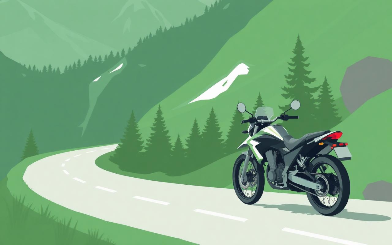 Moto su strada di montagna tra abeti