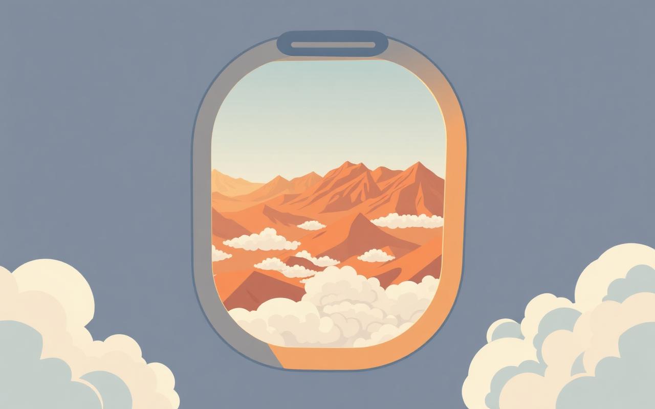 Vista da finestrino di aereo su montagne e nuvole