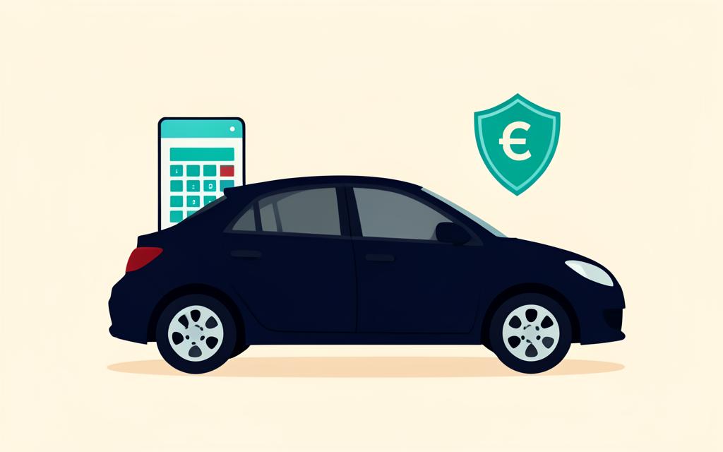 Illustrazione di un'auto con calcolatrice e scudo: stima rapida del premio RC Auto